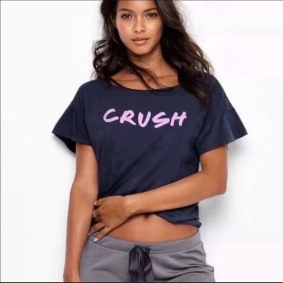 Victoria’s Secret CRUSH Navy Tee women’s size Medium Relaxed fit Glitter Graphic - Picture 1 of 13